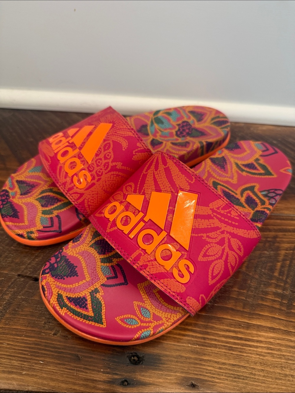adidas Bright Pink Slides with Orange Logo